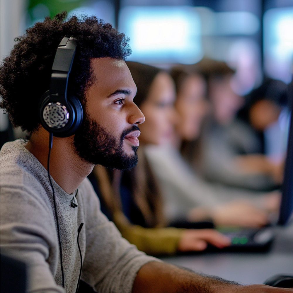Équipe de téléprospection en formation, réunie autour d’un ordinateur et de supports de campagne.