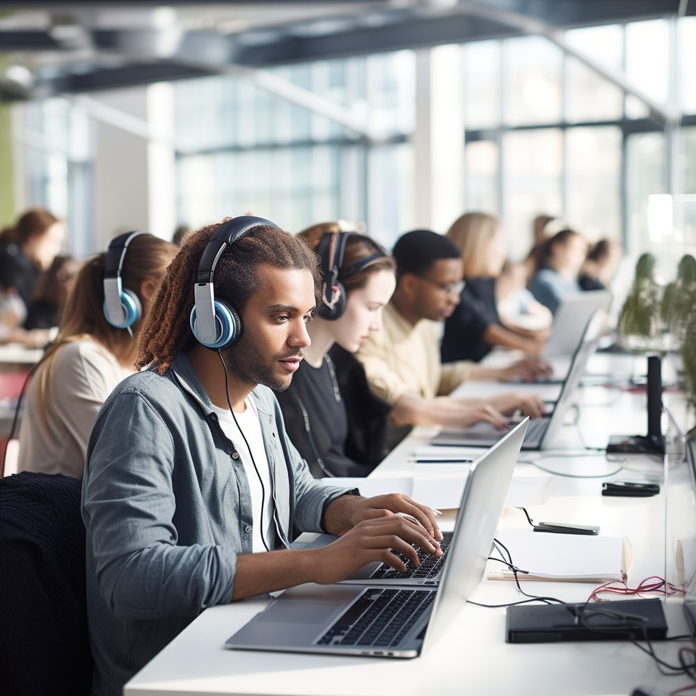 Une équipe de commerciaux en formation s’exerce à la téléprospection avec des casques et des scripts.