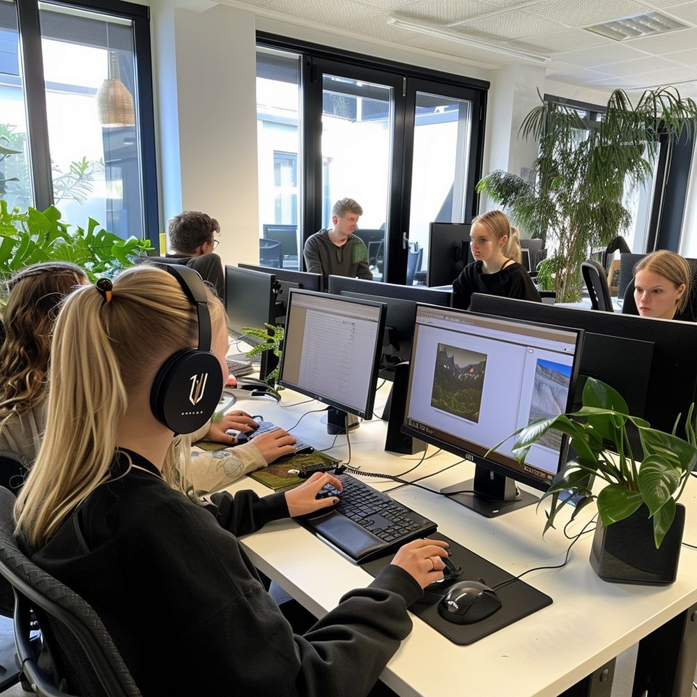 Téléopérateurs travaillant côte à côte avec leurs casques et ordinateurs.