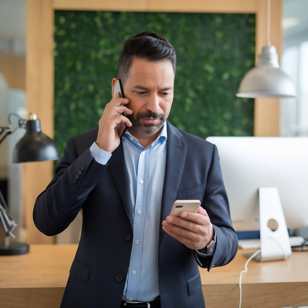 Téléconseiller échangeant avec un prospect au téléphone pendant une session de prospection commerciale.