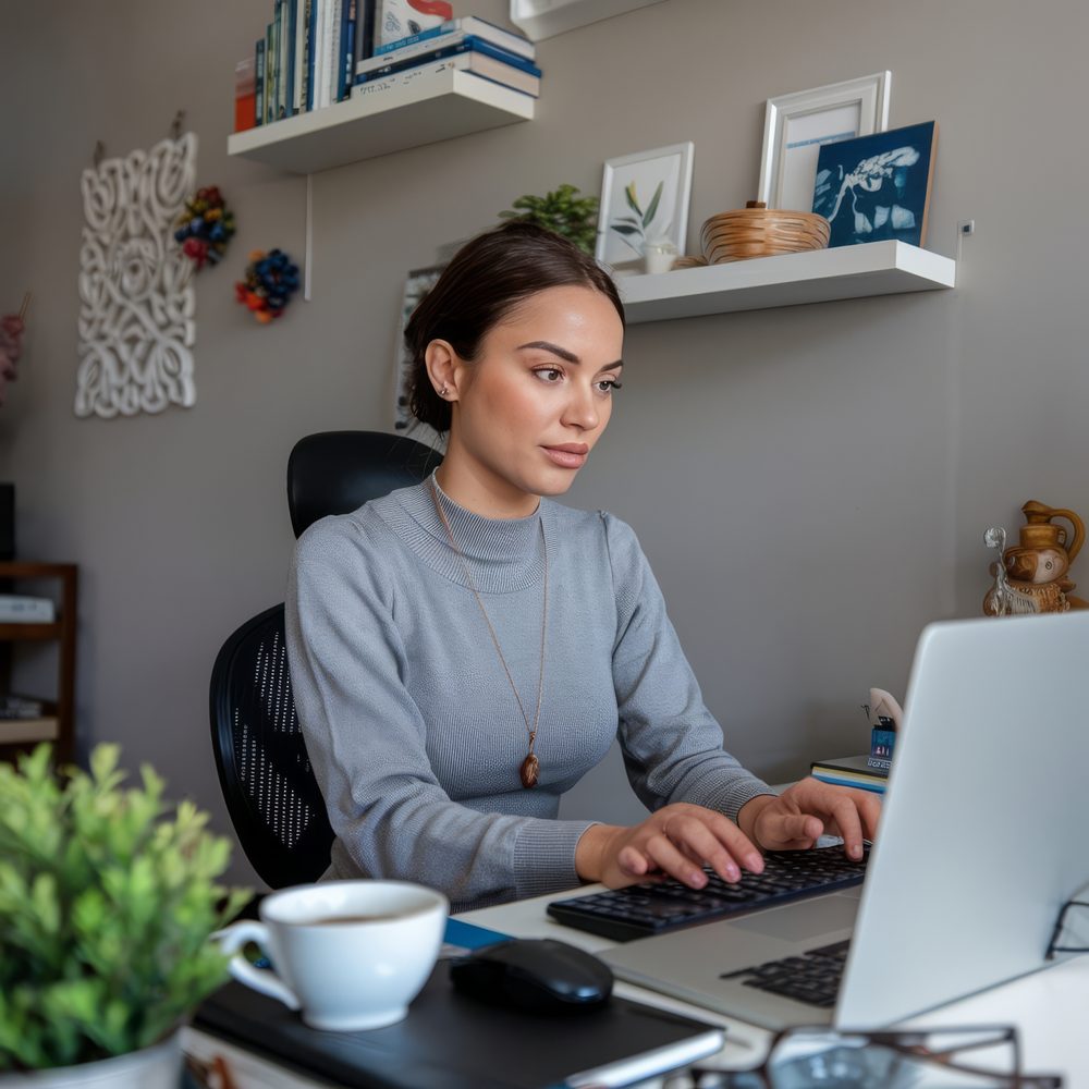 Freelance devant son bureau, consultant ses revenus et ses objectifs de salaire sur son ordinateur.