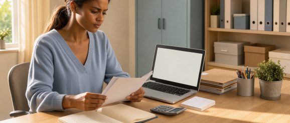 Une femme assistante virtuelle indépendante organise son bureau à domicile avec un carnet vierge, un ordinateur portable, une calculatrice et des dossiers avant son premier client.