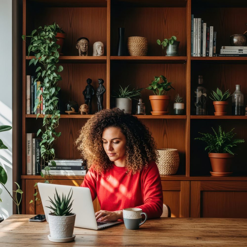 Femme organisant son activité d’assistante virtuelle dans un espace de travail à la maison.