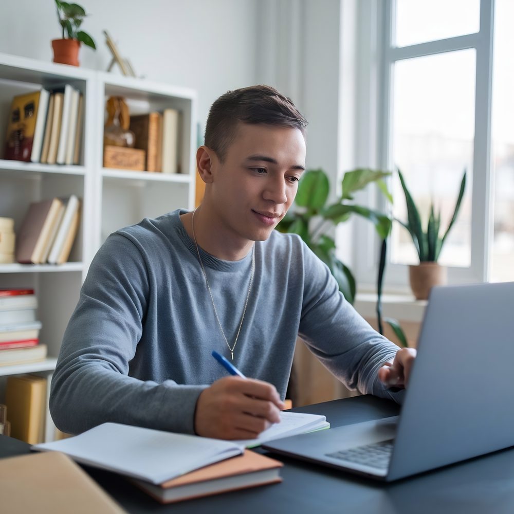 Apprenante consultant un cours en ligne pour se former au métier d’assistante virtuelle dans un espace de travail organisé.