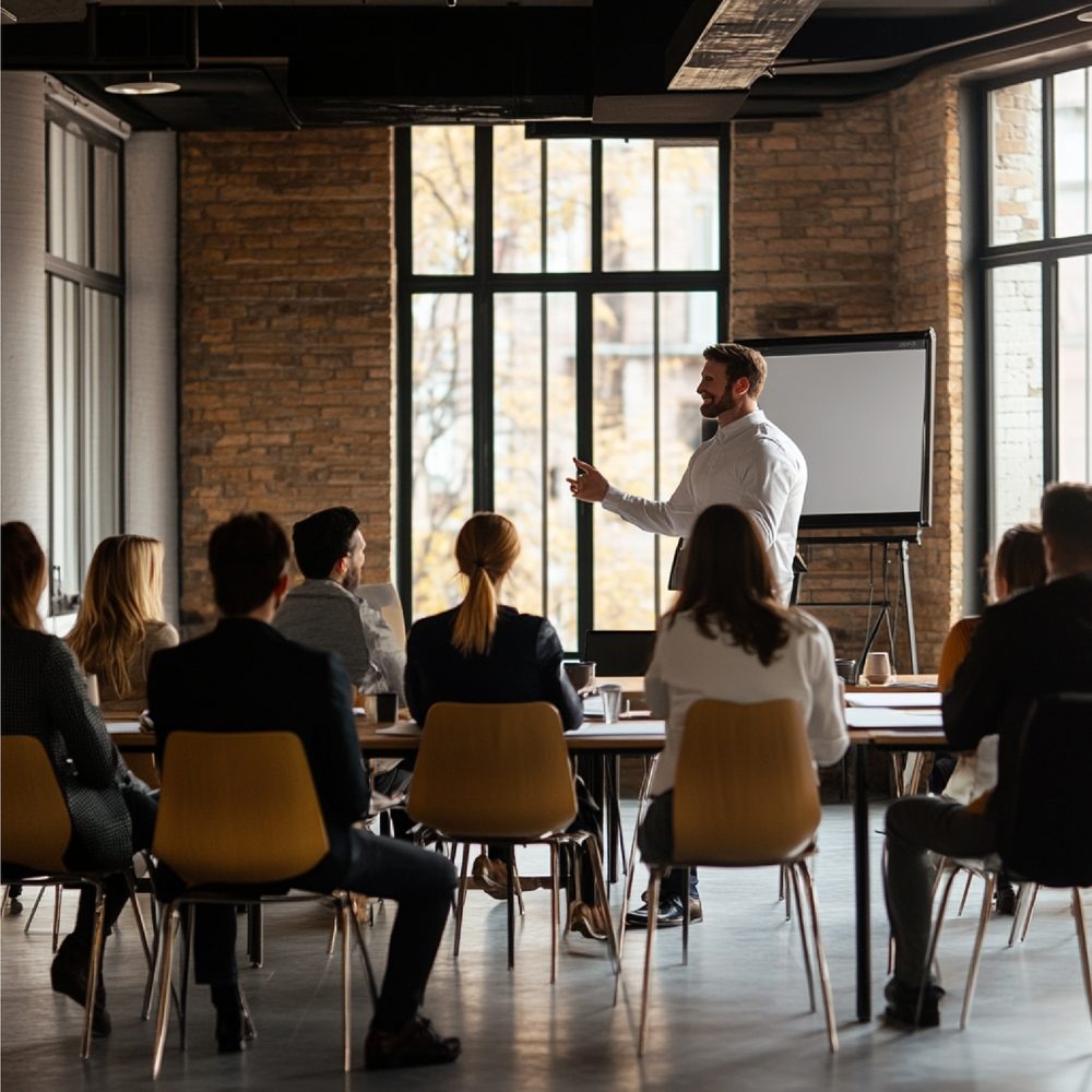 Équipe commerciale en formation autour d’une table, travaillant sur l’acquisition de nouveaux clients.