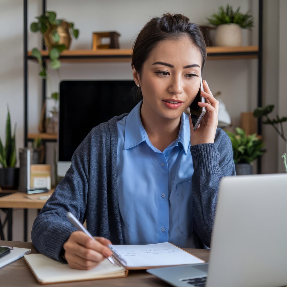 Équipe de commerciaux préparant un appel de prospection autour d’un bureau, avec téléphones et documents de formation.